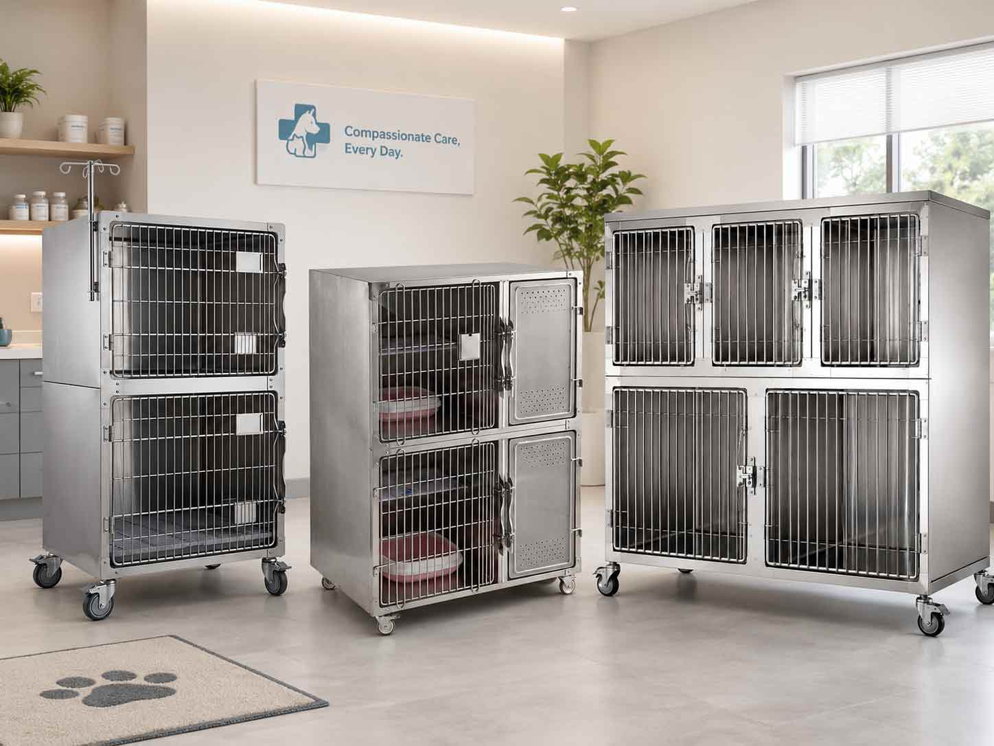 Stainless steel pet cages and animal housing