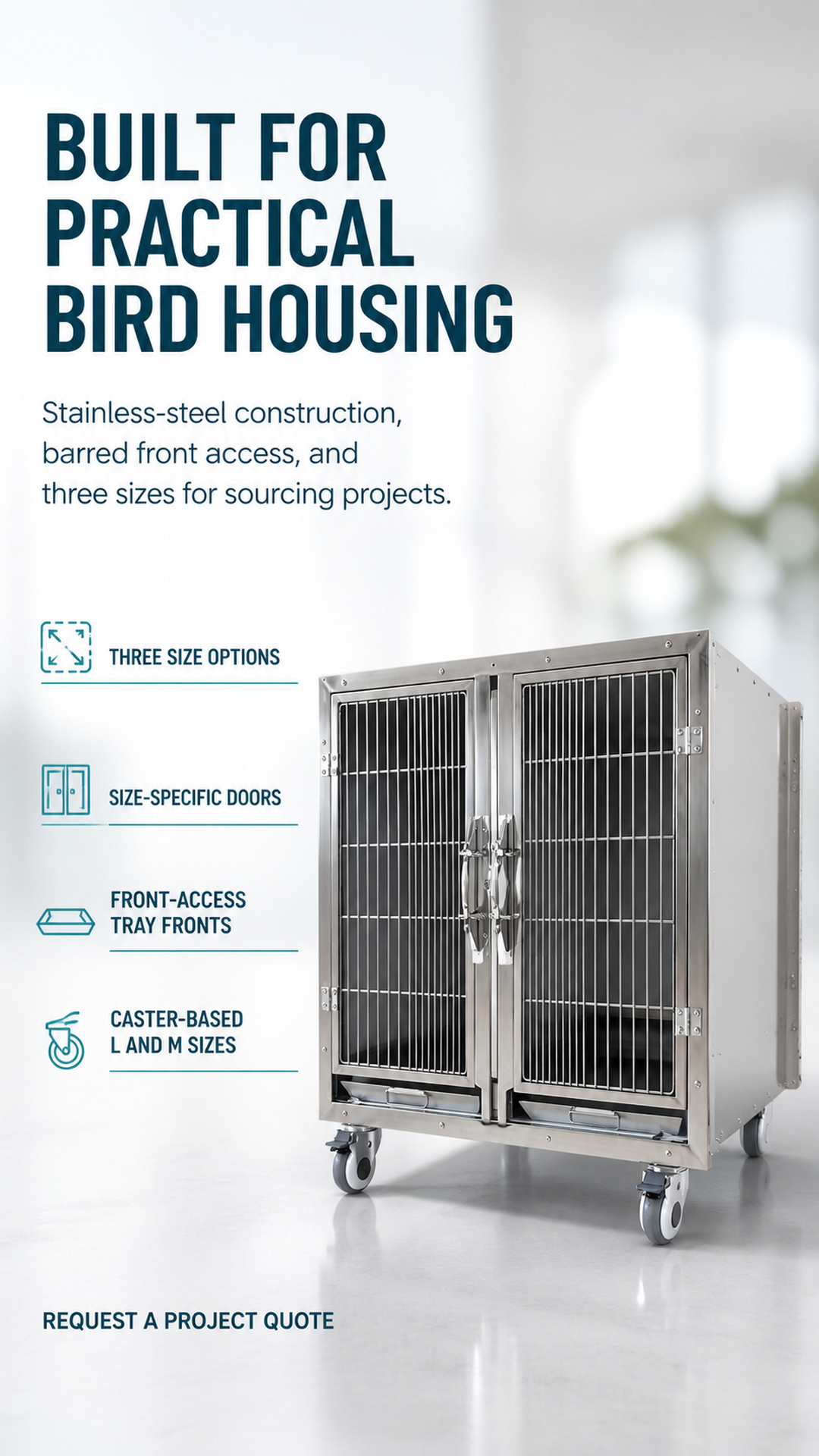 Bird cage stainless steel system overview with size and access highlights