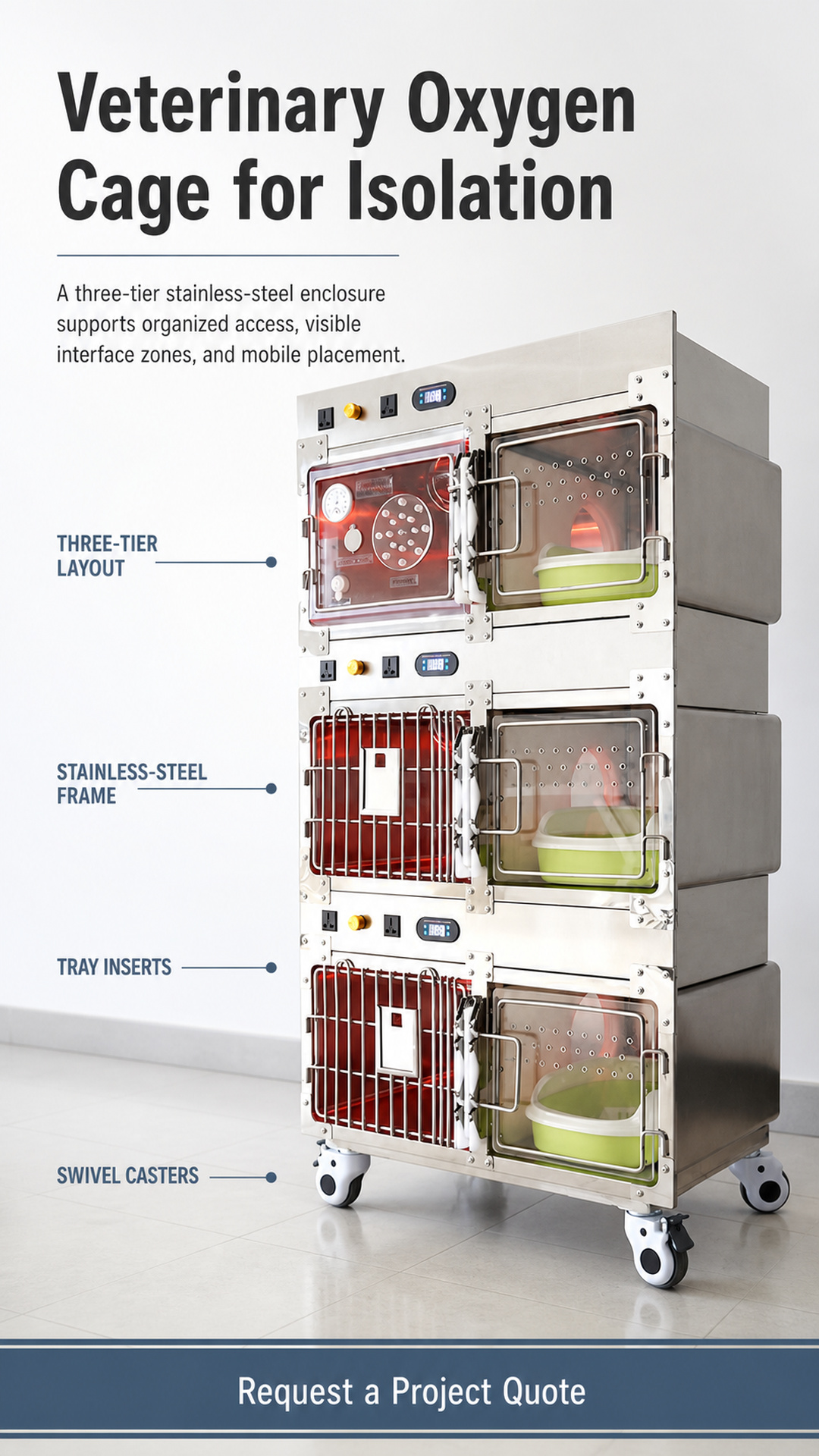 Three-tier veterinary isolation enclosure showing front access sections, enclosed sides, and swivel casters