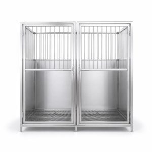 Front view of joined two-bay stainless steel animal cages with separate closed access doors