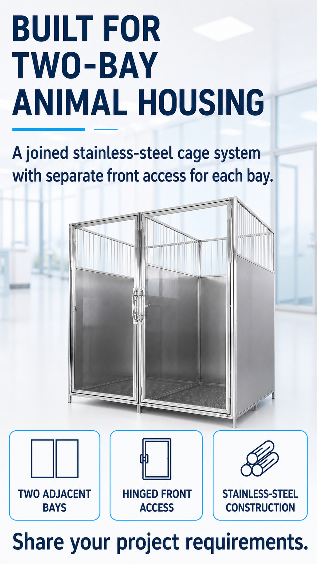 Two-bay stainless steel animal cage system overview poster with hinged front access