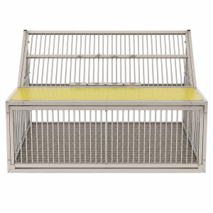 Stainless steel bird cage for sale shown in a straight-on front view with raised top access panel and barred enclosure