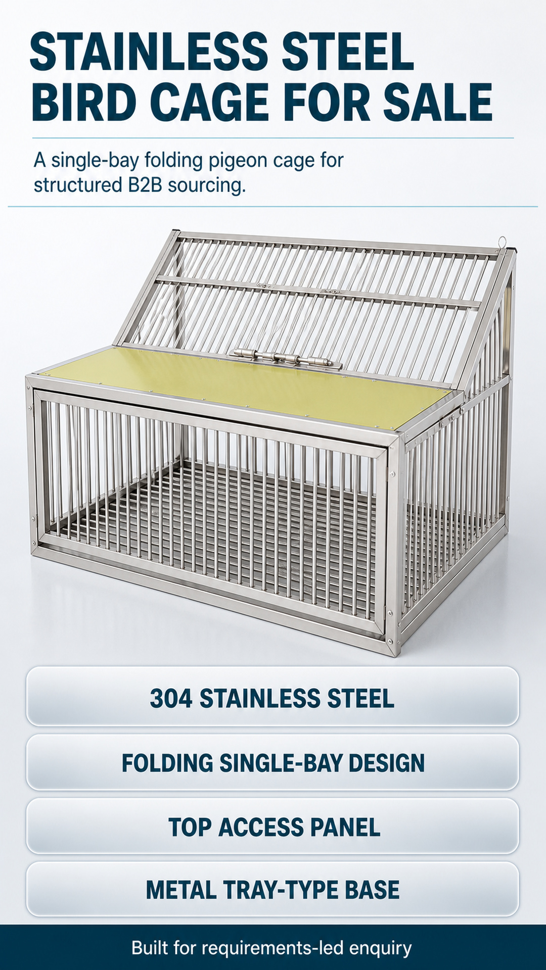 Full single-bay stainless steel pigeon cage with raised top access panel and B2B sourcing callouts