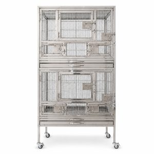 Front view of a two-tier stainless steel bird cage with access doors, pull-out tray assemblies and four casters