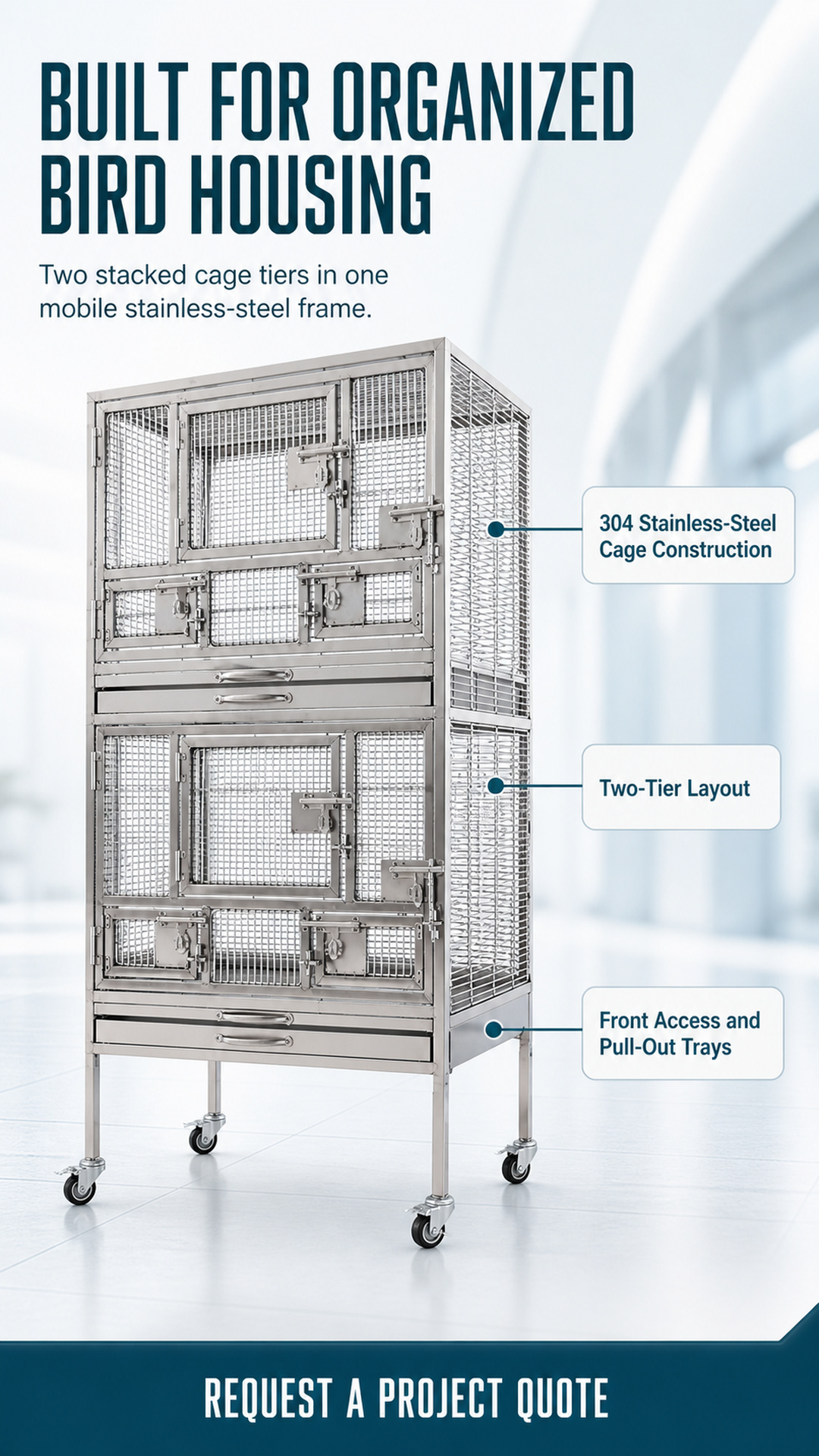 Stainless steel bird cage system poster highlighting 304 construction, two-tier layout and front access