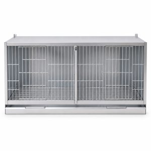 Stainless steel bird cages with two compartments, straight front view