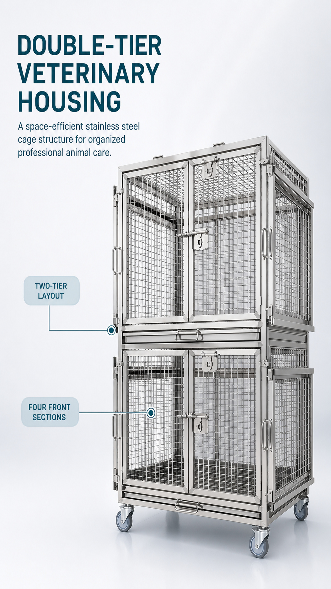Double-tier veterinary housing system with four front sections