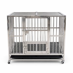 Veterinary cage straight-on front view with closed top lid, front gate, lower hatch, tray, and four casters