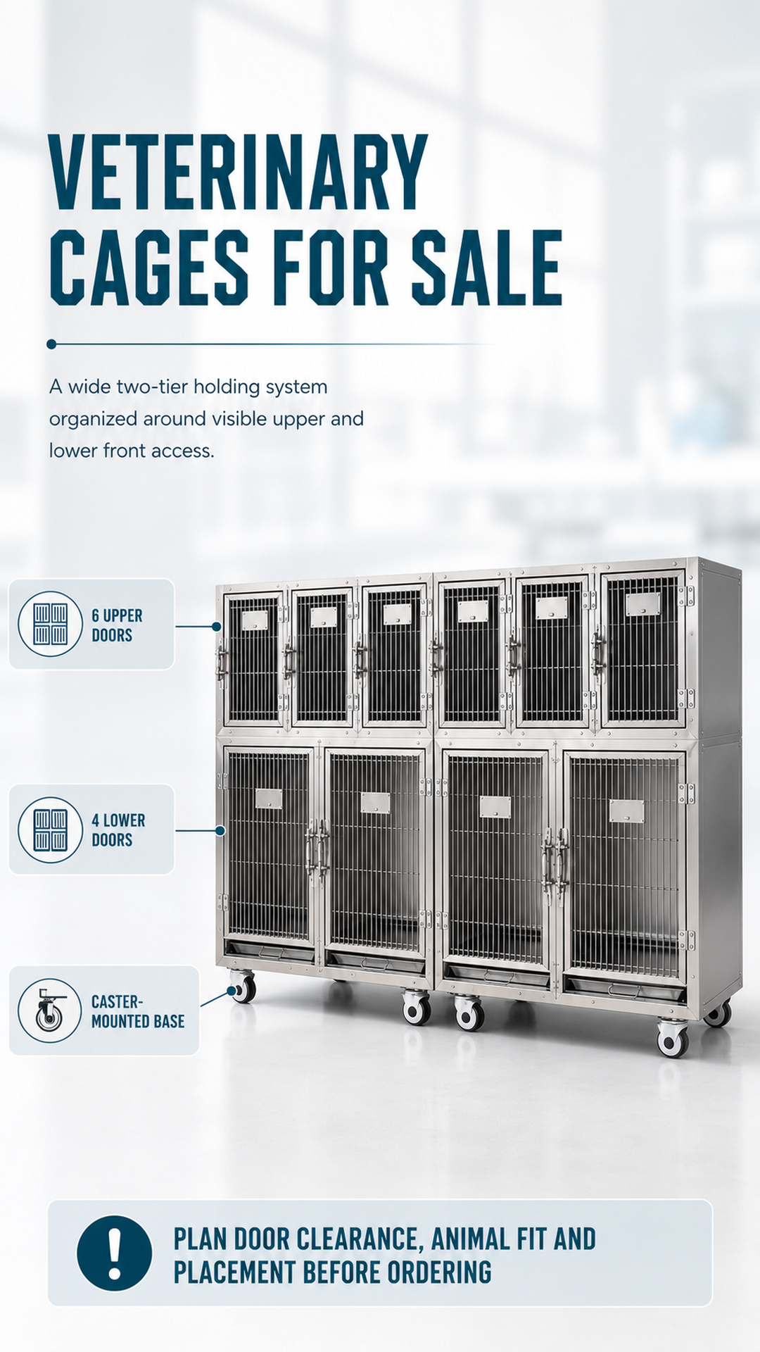 Two-tier veterinary cage system poster highlighting upper doors, lower doors and caster base