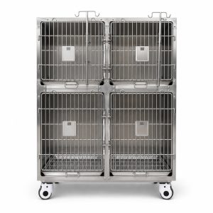Front view of four-compartment veterinary cages with four barred gates and caster base
