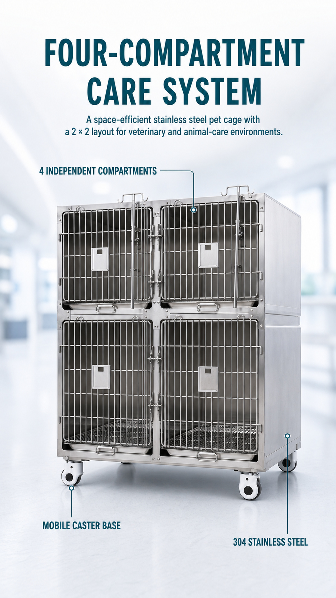 Four-compartment care-system poster showing the 2 × 2 cage layout, stainless steel structure, and mobile base