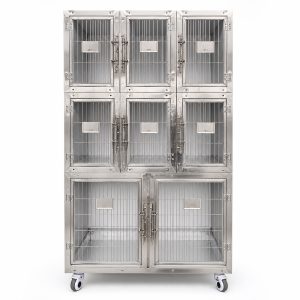 Front view of eight-compartment veterinary cat cages in a 3 + 3 + 2 arrangement
