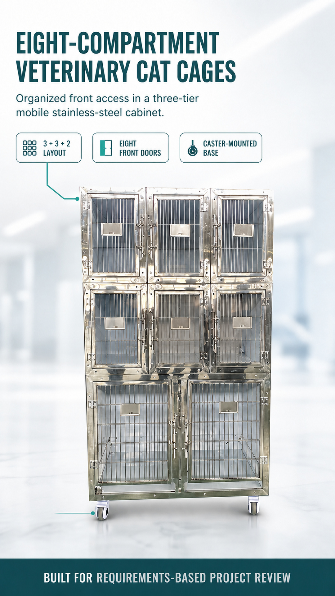 Eight-compartment cat cage system with three-tier layout and caster-mounted base