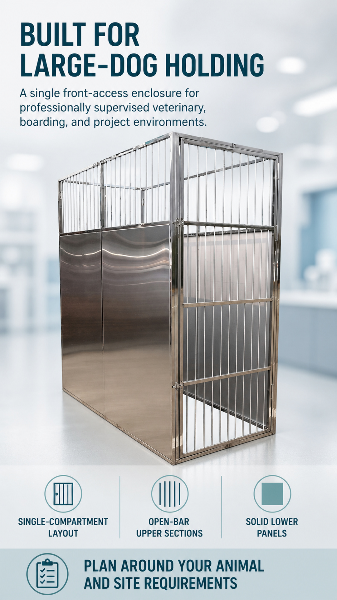 Large single-compartment veterinary cage system overview