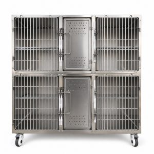 Veterinary hospital cages in a six-bay stainless-steel cabinet, front view