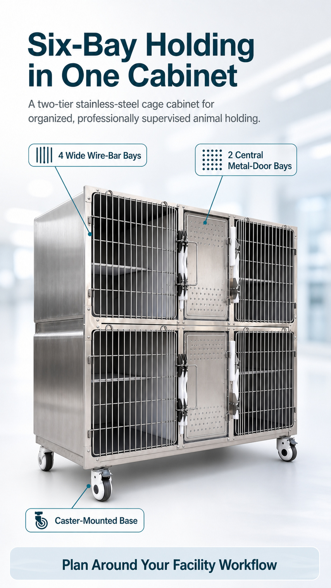 Six-bay cage system with four wide wire-bar bays and two central metal-door bays
