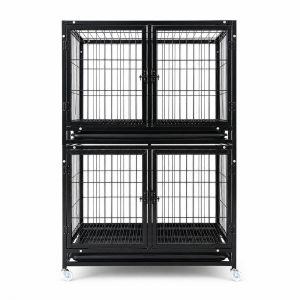 Front view of veterinary kennels for sale with four separate compartments and caster base