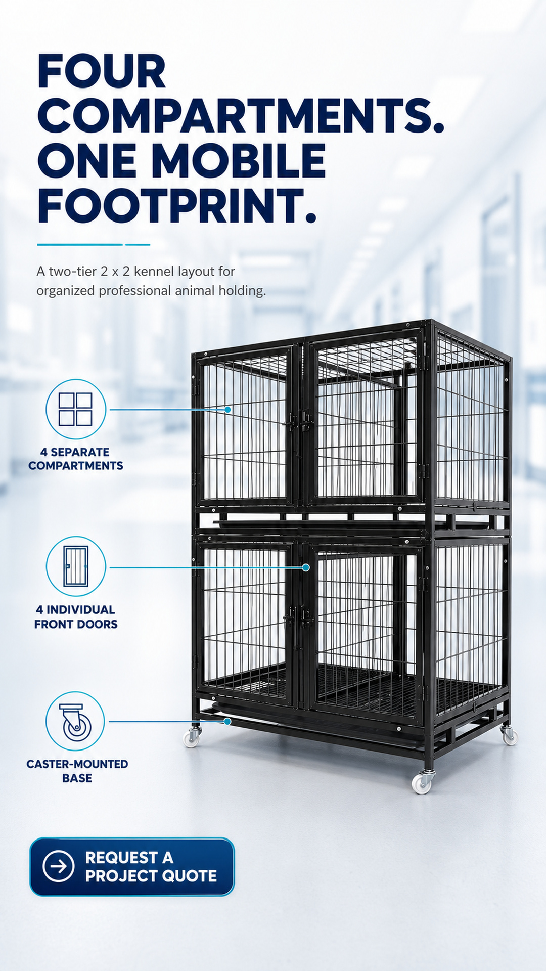 Four-compartment mobile kennel system with separate doors and caster-base callouts