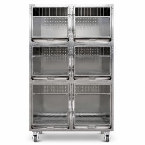 Veterinary kennels front view showing six compartments in a three-tier stainless steel cage bank