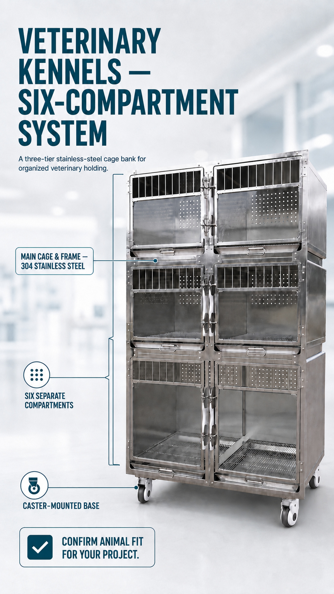 Six-compartment veterinary kennel system overview with scoped material and mobility callouts