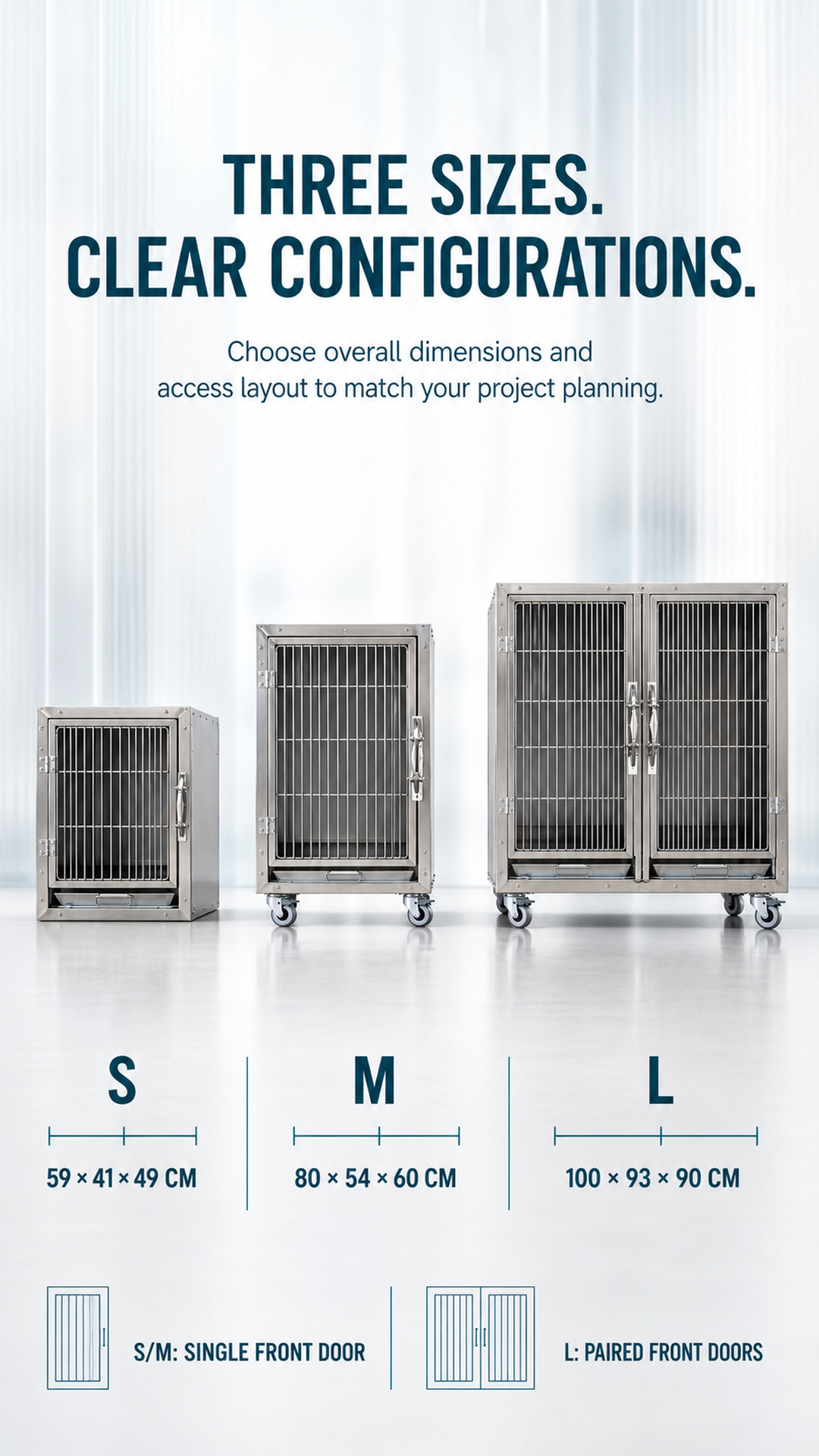 S M and L stainless steel bird cage configurations and overall dimensions