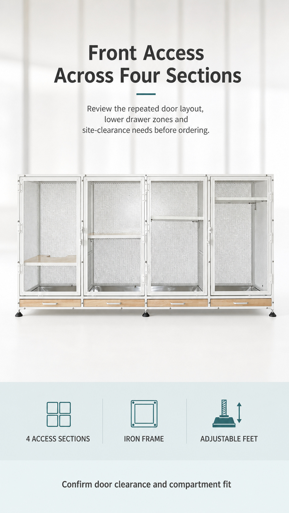 Front configuration poster showing four access sections, an iron frame and adjustable feet