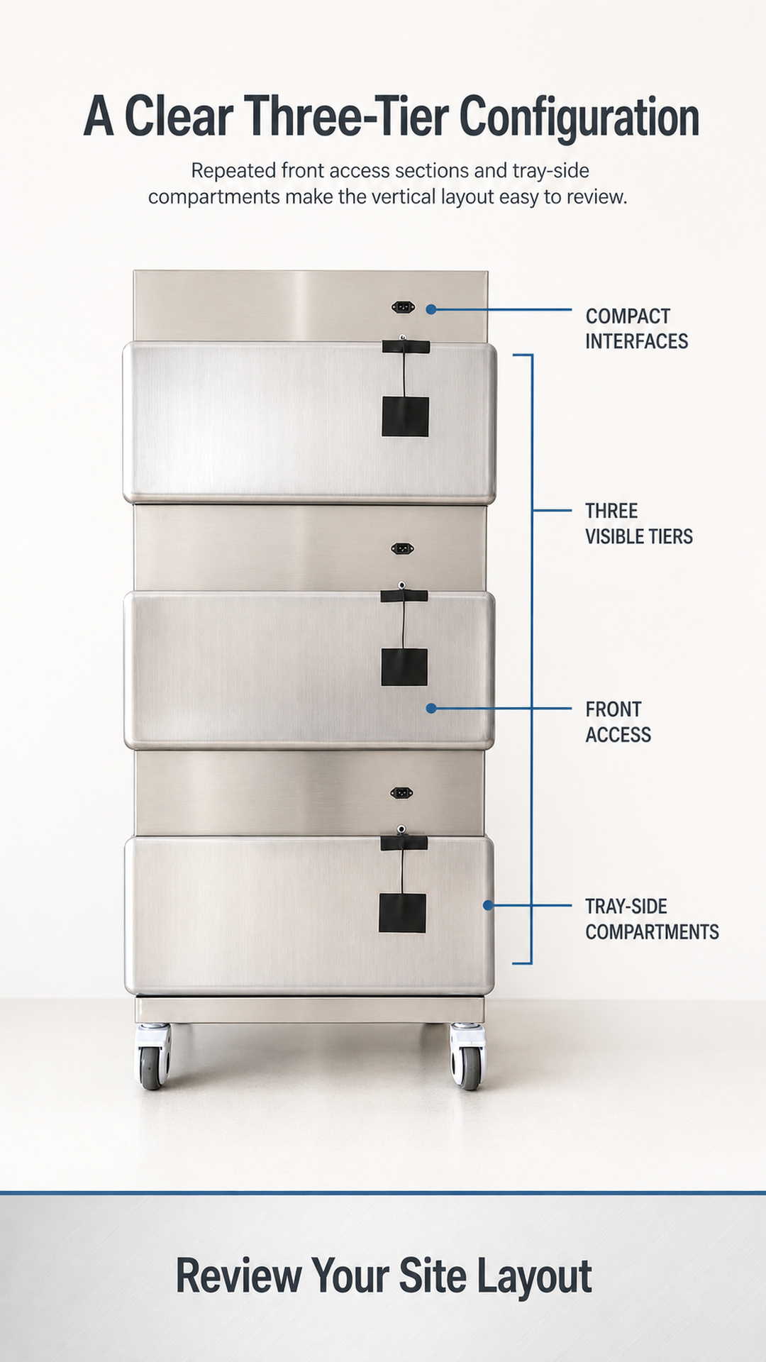 Front configuration view showing three stacked enclosure tiers and repeated interface strips