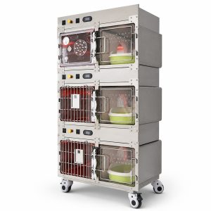 Right front three-quarter view of an open three-tier stainless steel veterinary isolation cage with tray inserts