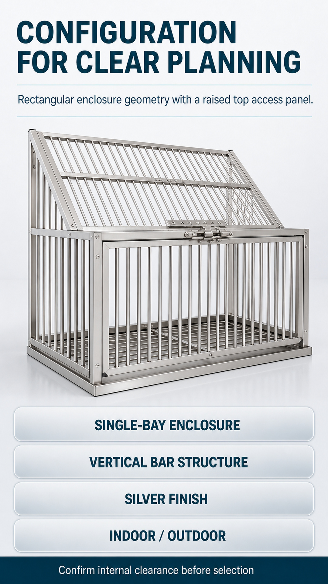 Side-led view of a single-bay folding pigeon cage with vertical bar structure and raised access panel
