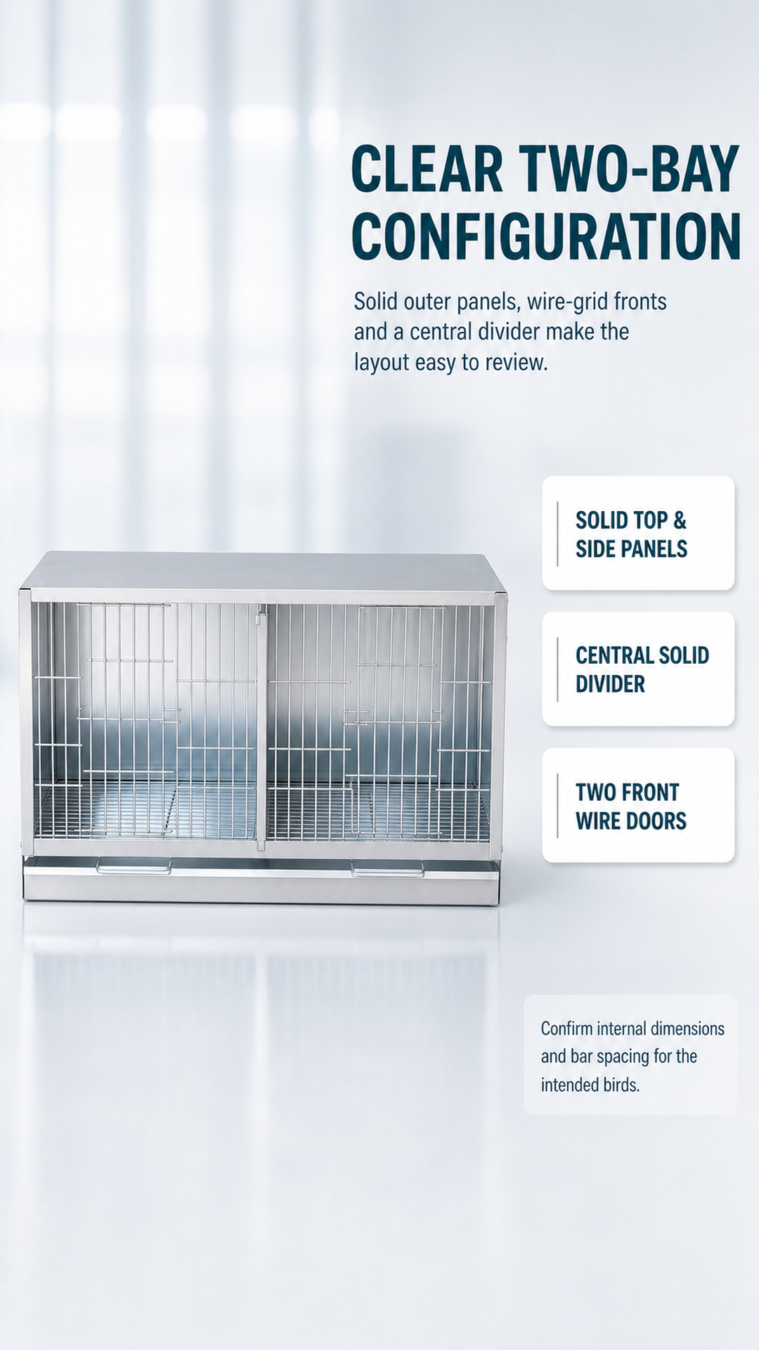 Solid top and side panels, central divider and two wire doors