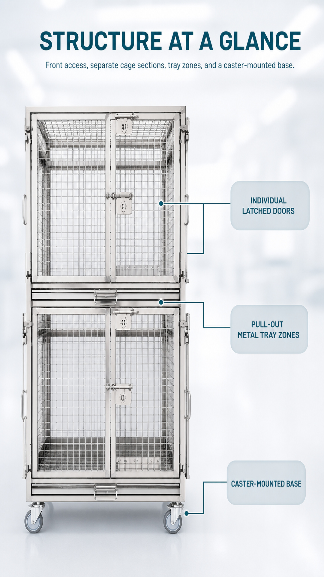Veterinary cage configuration showing latched doors, tray zones, and caster base