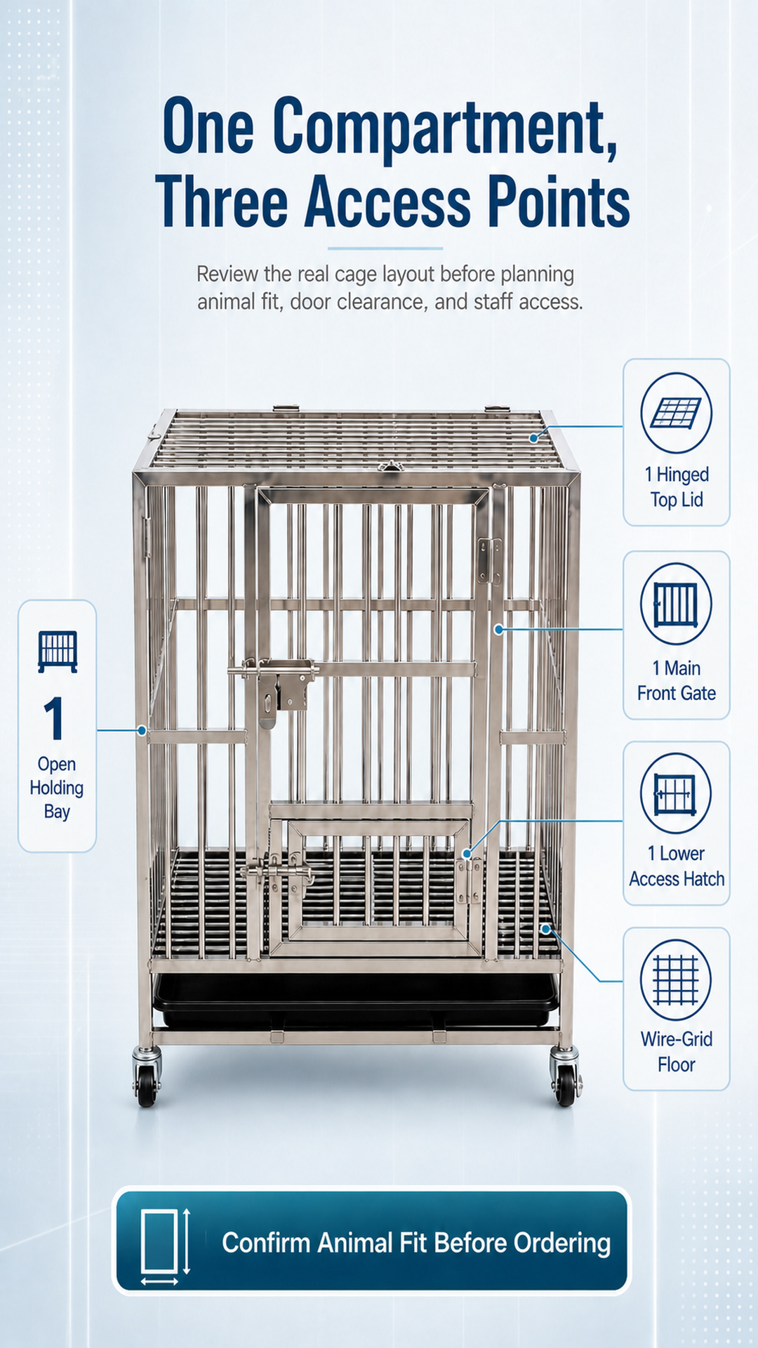 Single-compartment cage configuration poster showing one bay, hinged lid, front gate, lower hatch, and wire-grid floor