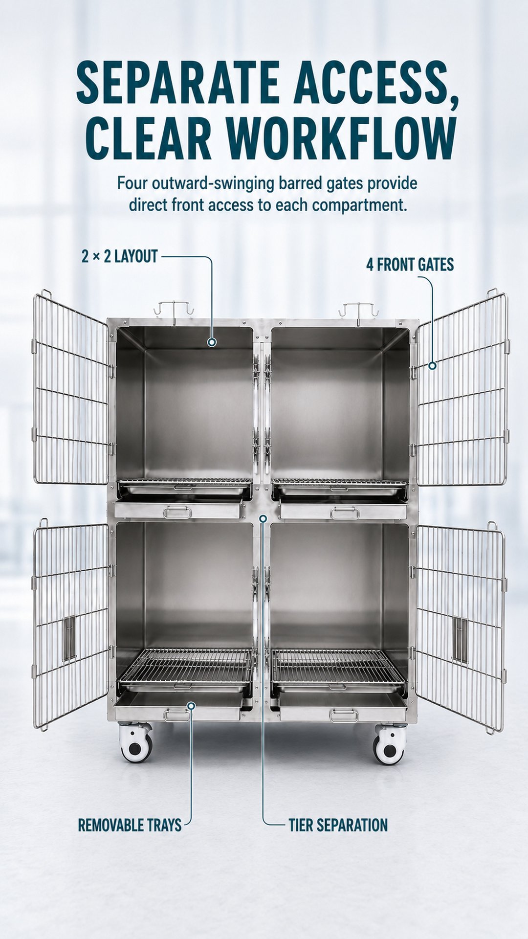 Separate-access poster showing four open barred gates, tier separation, and removable trays