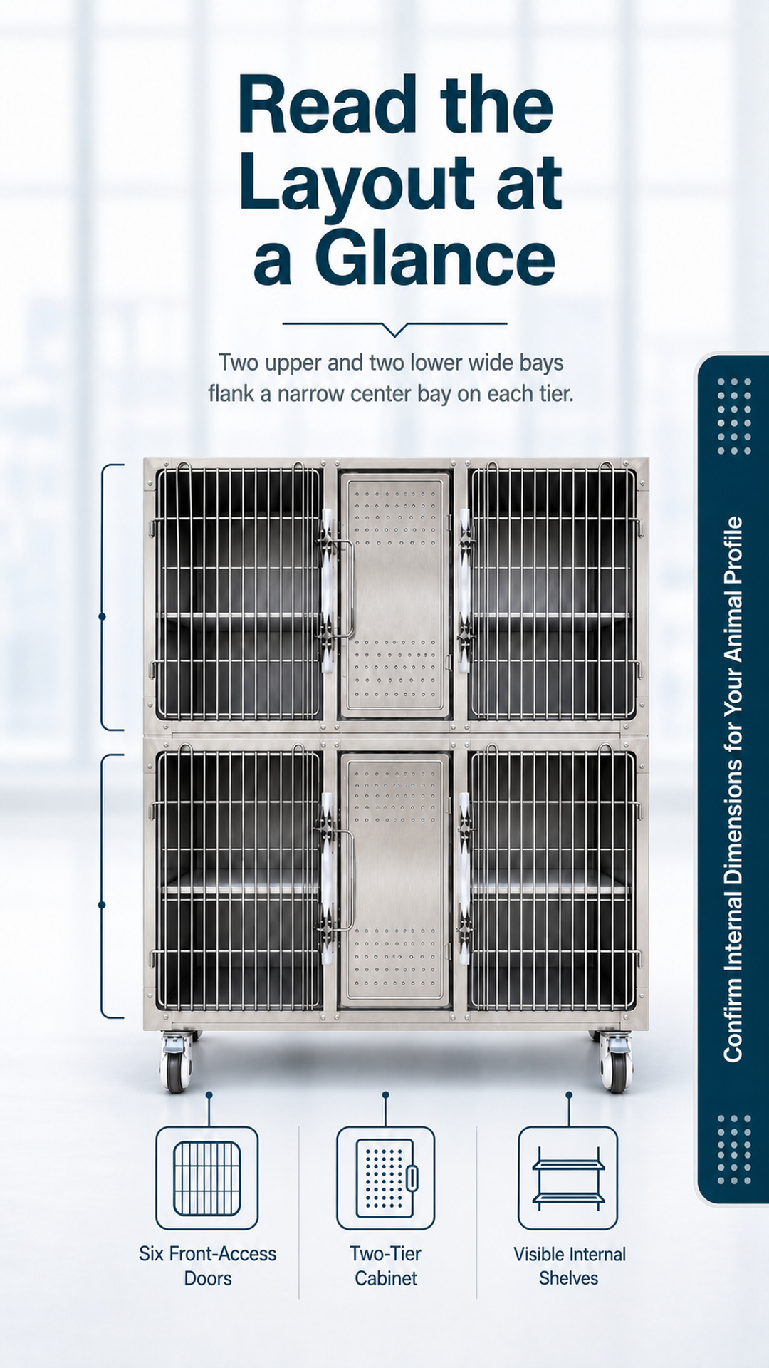 Two-tier six-door veterinary cage configuration and visible internal shelves