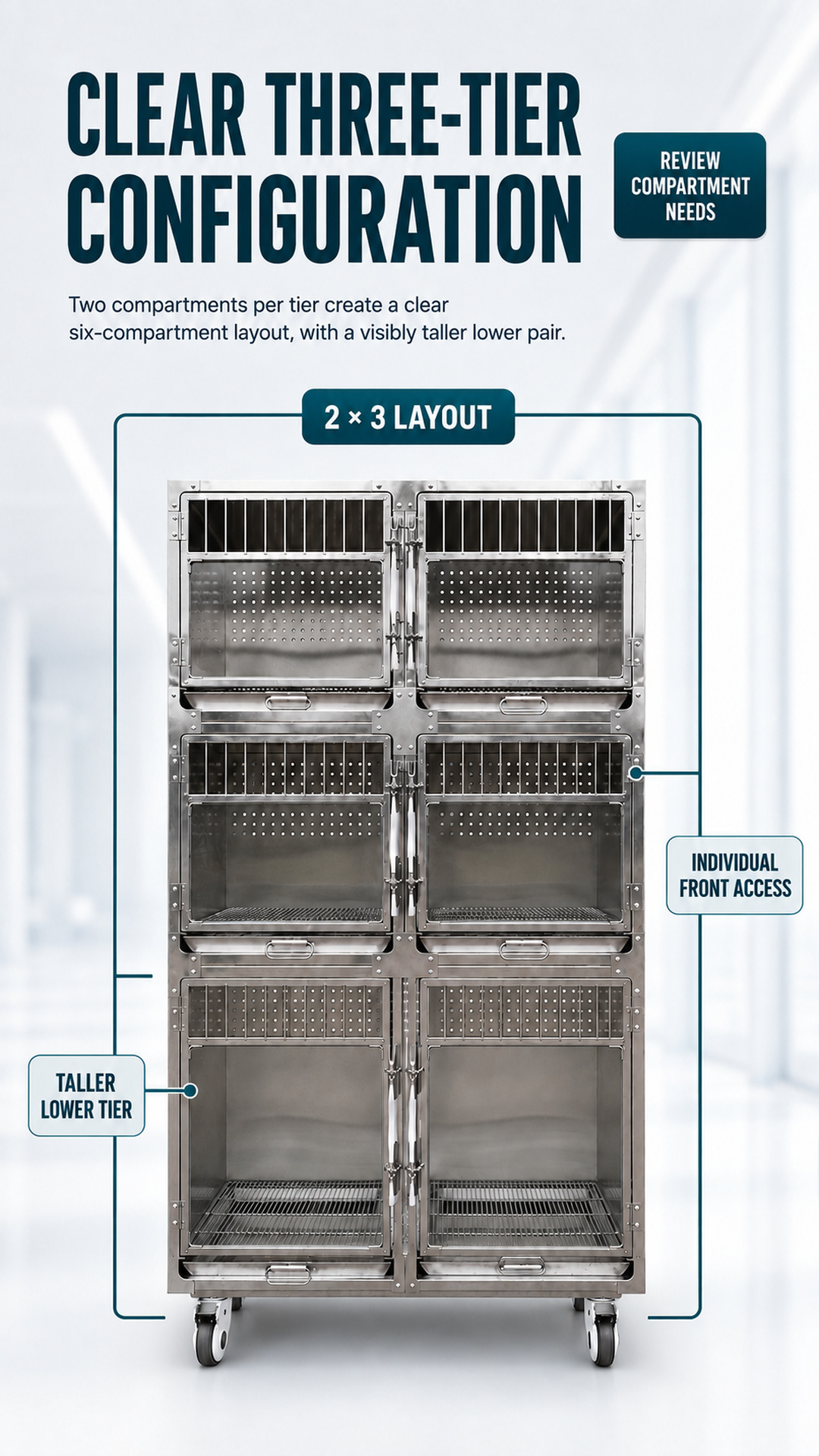 Structural poster explaining the 2 × 3 layout and visibly taller lower tier