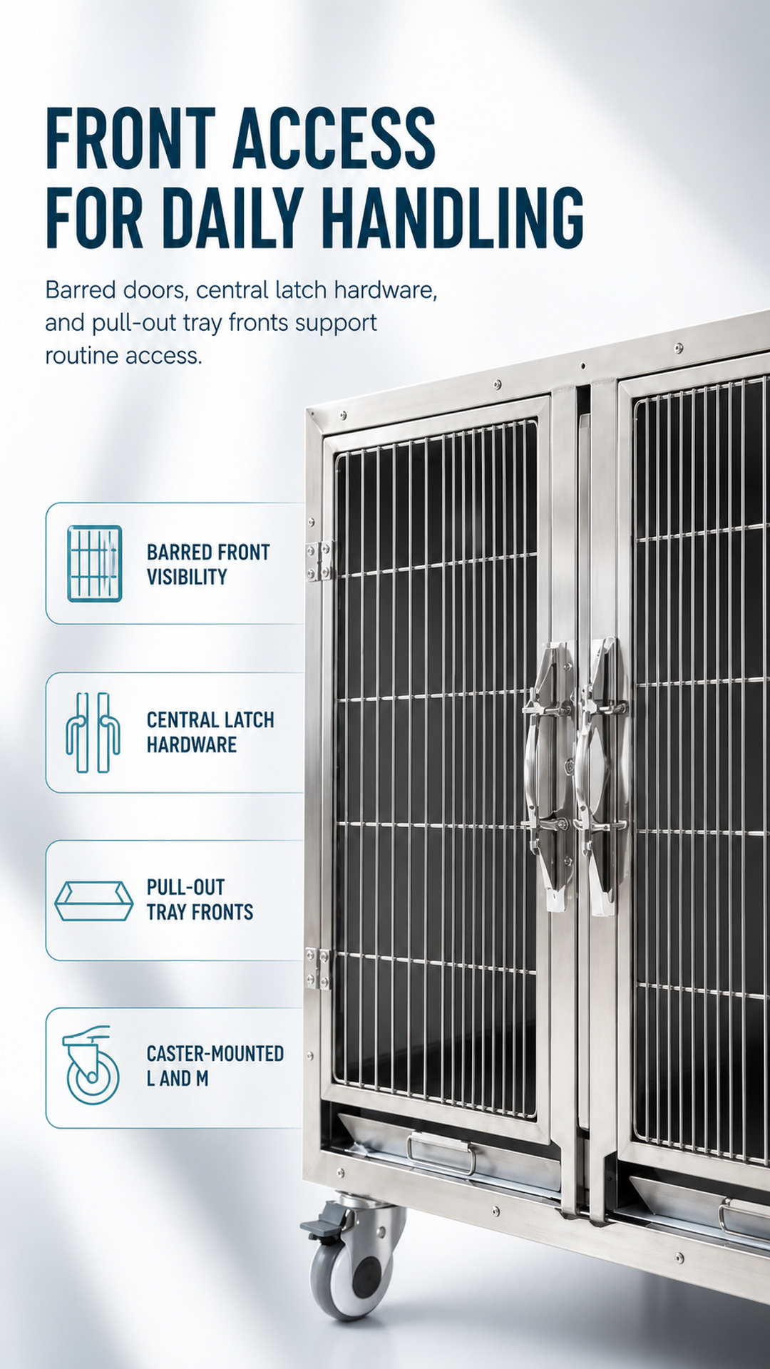 Stainless steel bird cage front doors latch trays and caster details