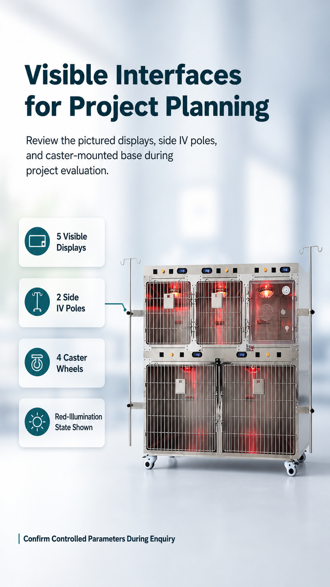 Visible displays, side IV poles, caster wheels and red-illumination state