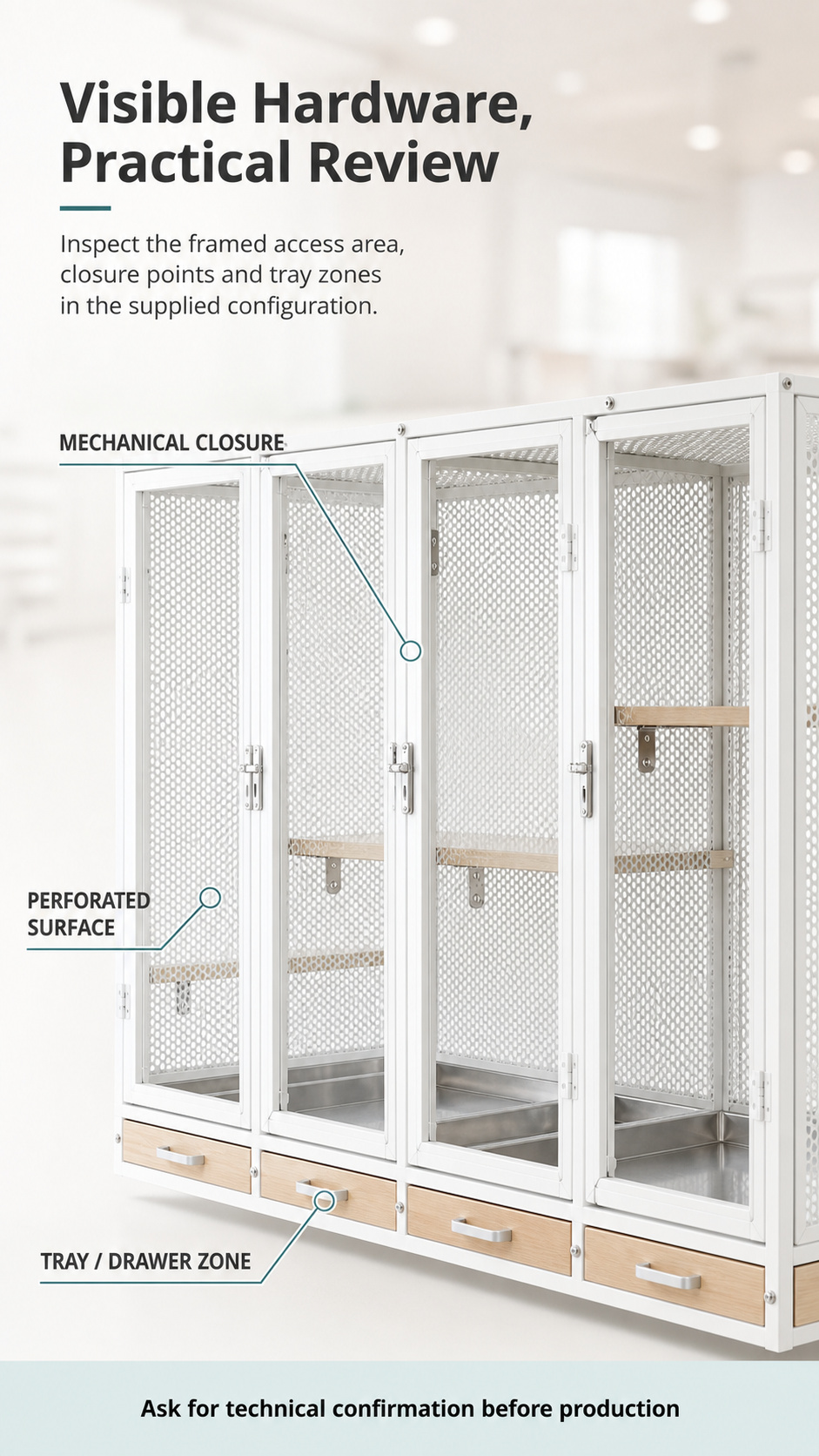 Close poster showing mechanical closure hardware, a perforated surface and a tray or drawer zone