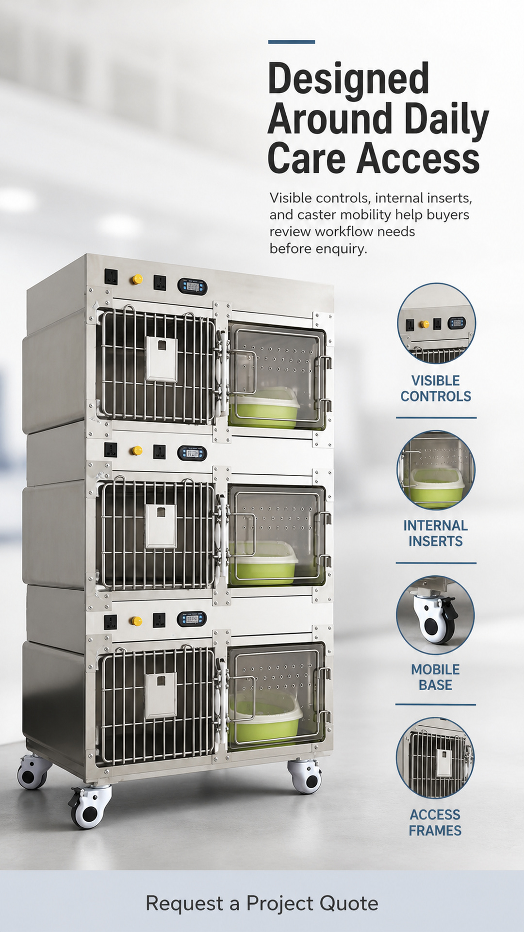 Feature view of access frames, tray inserts, interface zones, side panels, and mobile base