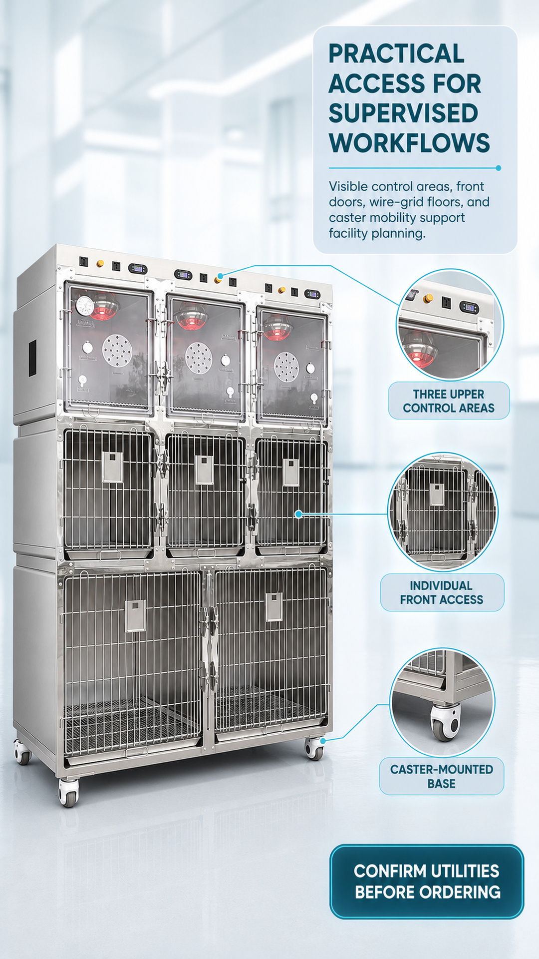 Supervised-workflow poster highlighting control areas, front access, and caster base