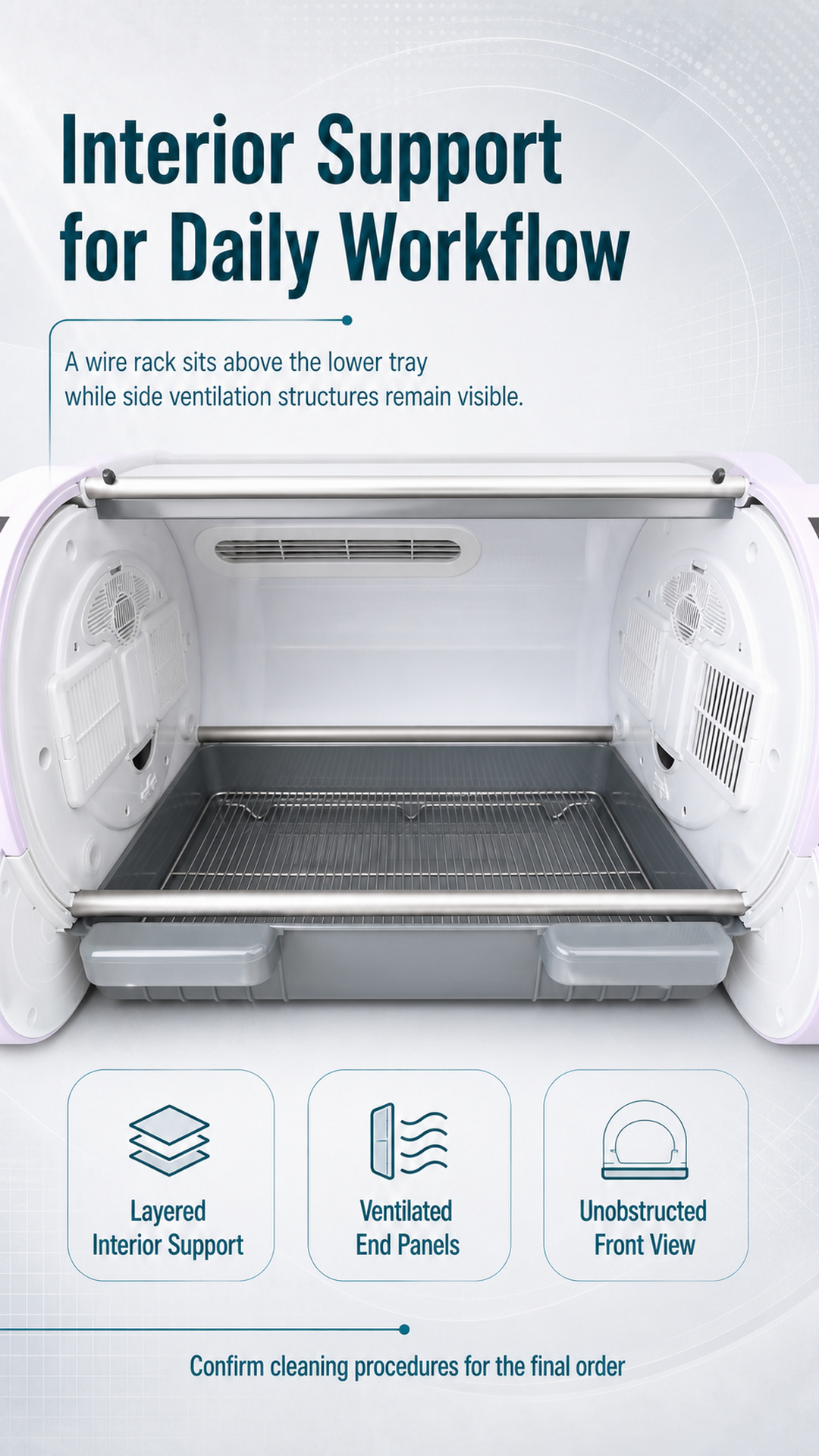 Workflow poster showing the translucent cover, wire rack, lower tray and vents