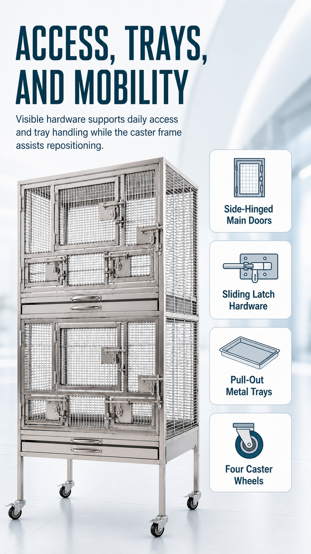 Bird cage feature poster showing hinged doors, sliding latches, metal trays and four caster wheels