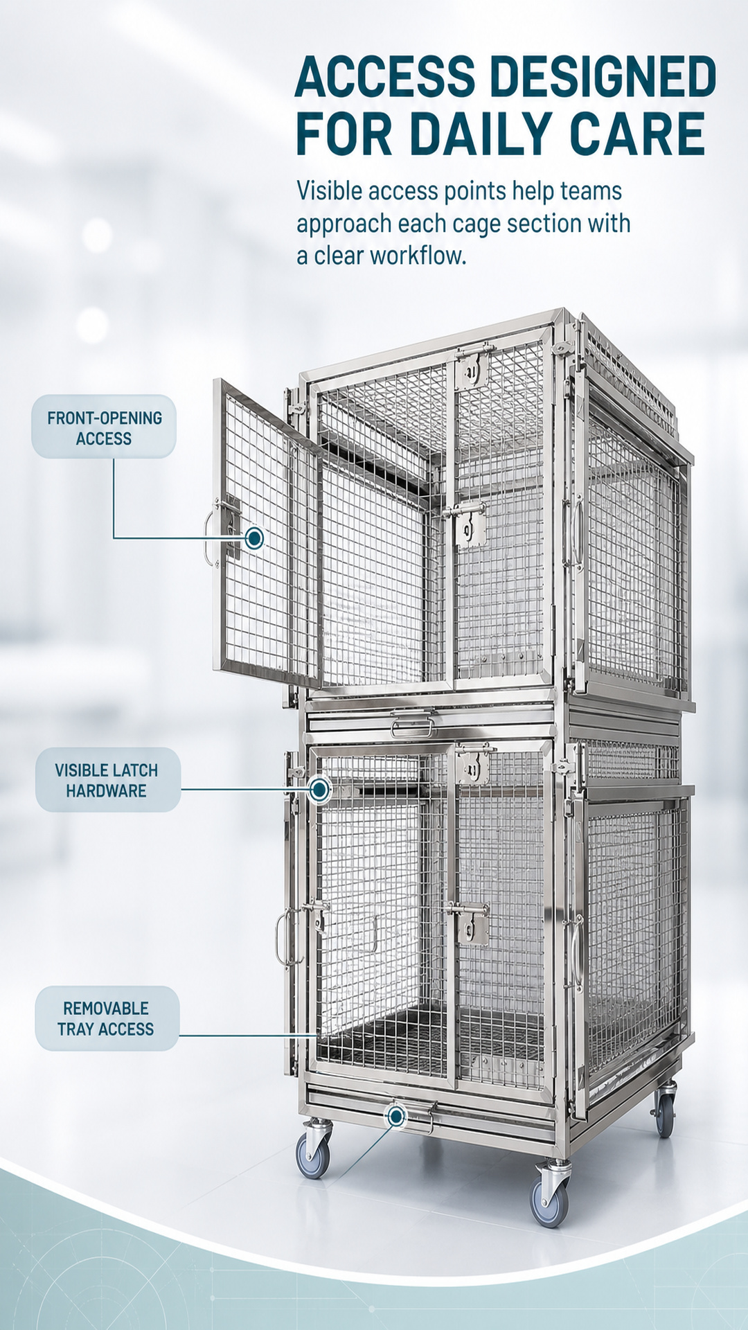 Front-opening access, latch hardware, and removable tray access poster