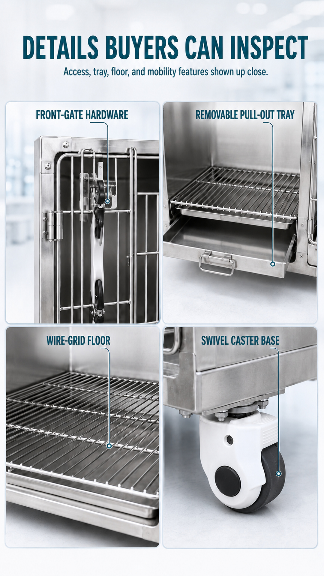 Close-up poster showing front-gate hardware, removable pull-out tray, wire-grid floor, and swivel caster base