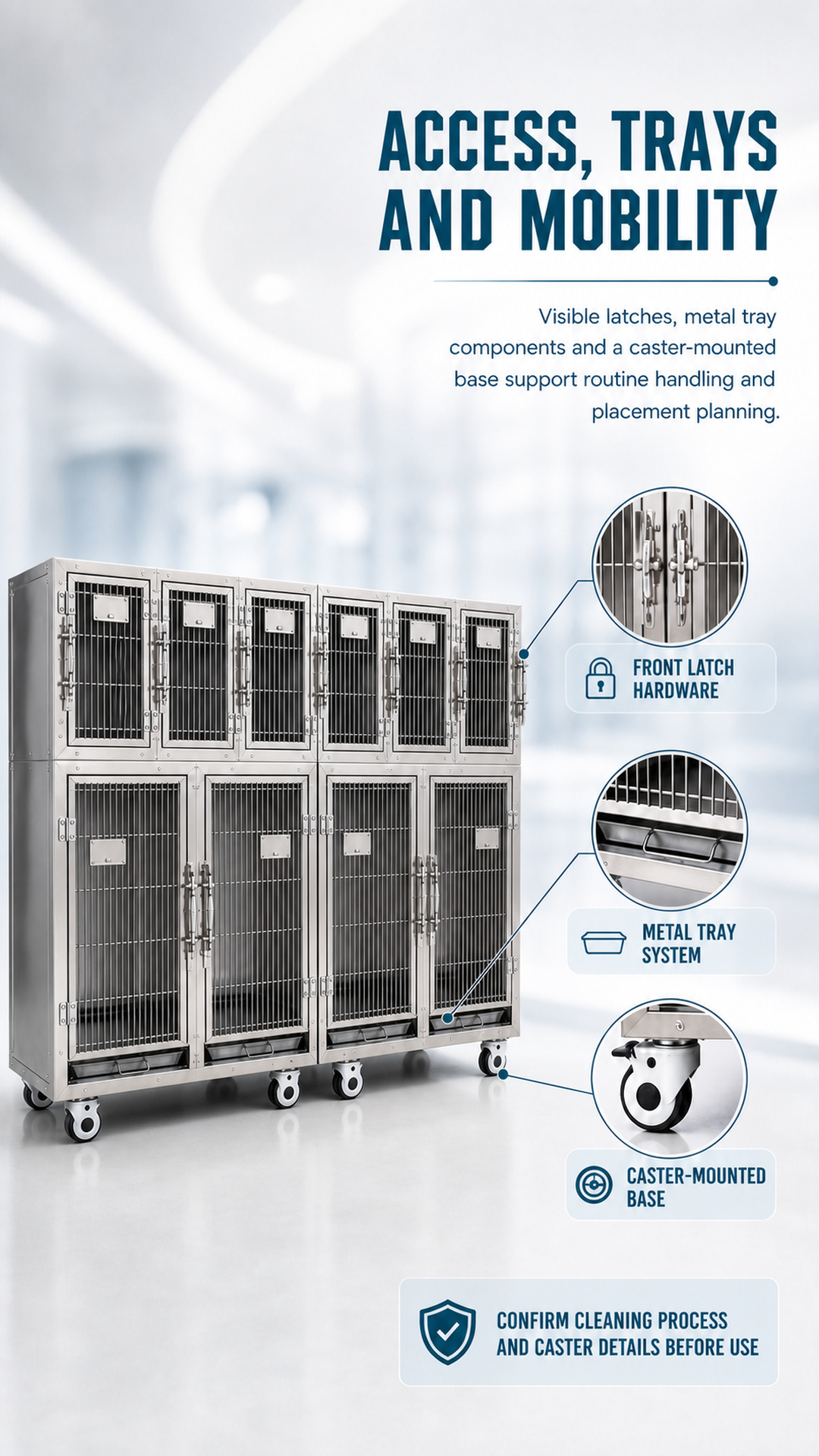Feature poster showing latch hardware, metal tray components and casters