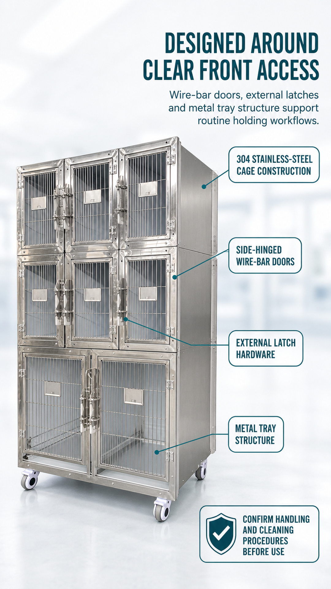 Stainless-steel cage construction, wire-bar doors, latches, and metal tray callouts