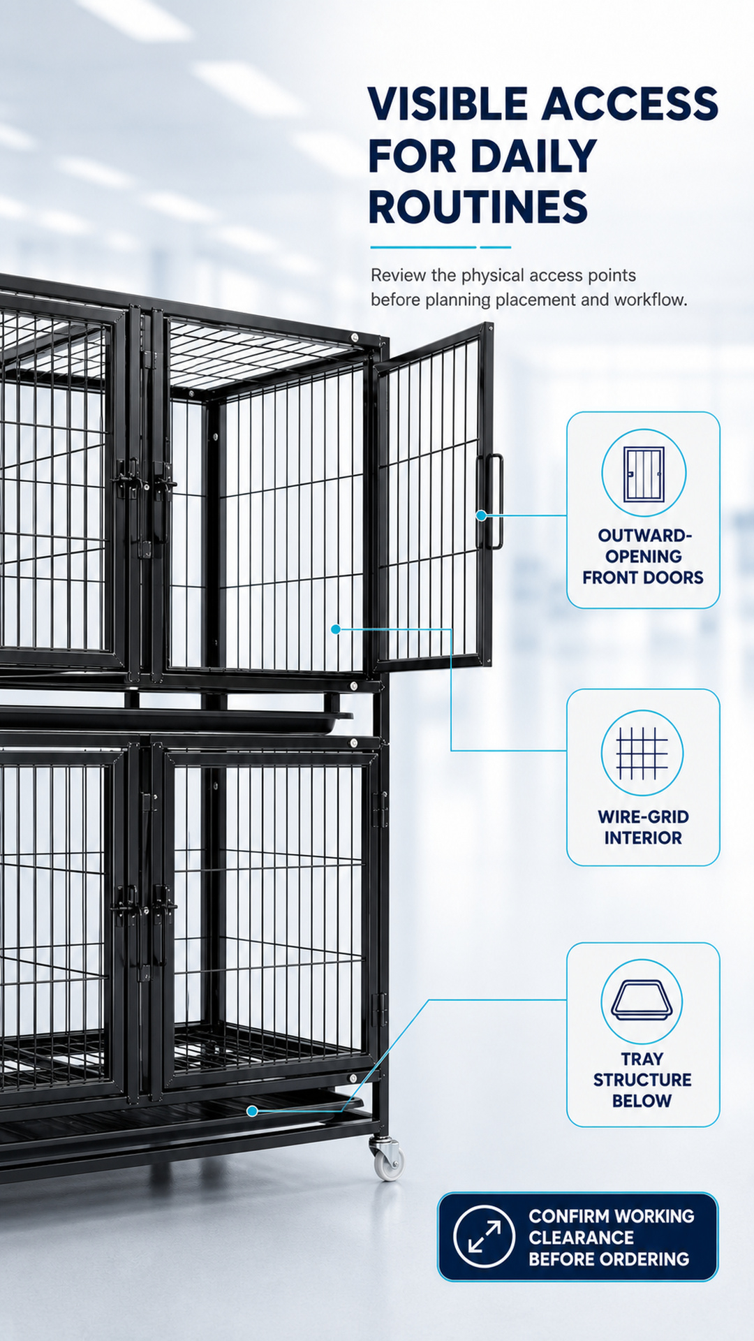 Open front door, wire-grid interior and tray structure on a veterinary kennel