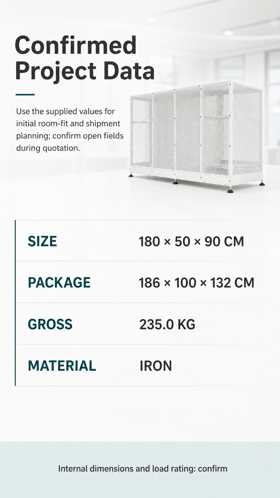 Specification poster showing overall size, package size, gross weight and listed iron material