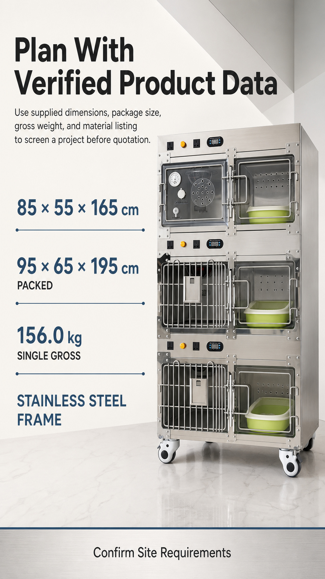 Project-screening poster with confirmed overall size, package size, and gross weight