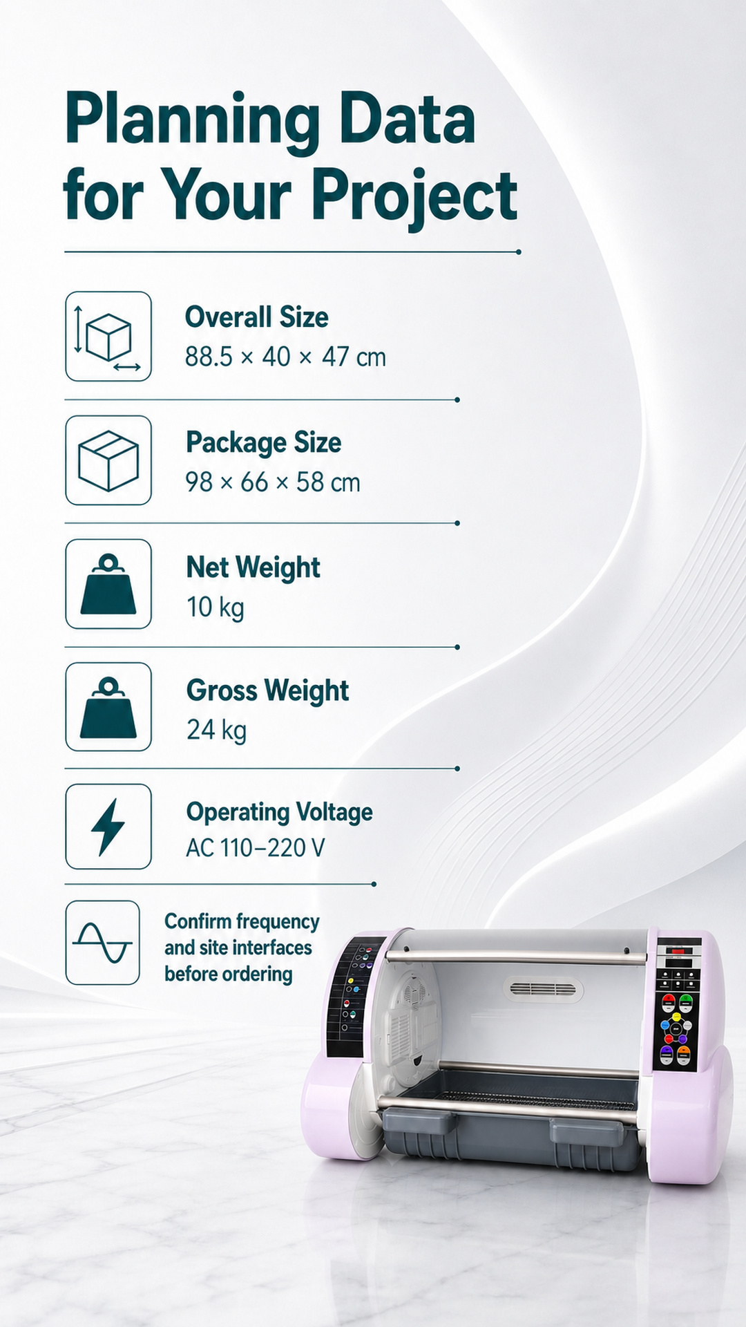 Specifications poster with confirmed size, voltage, weight and packing data